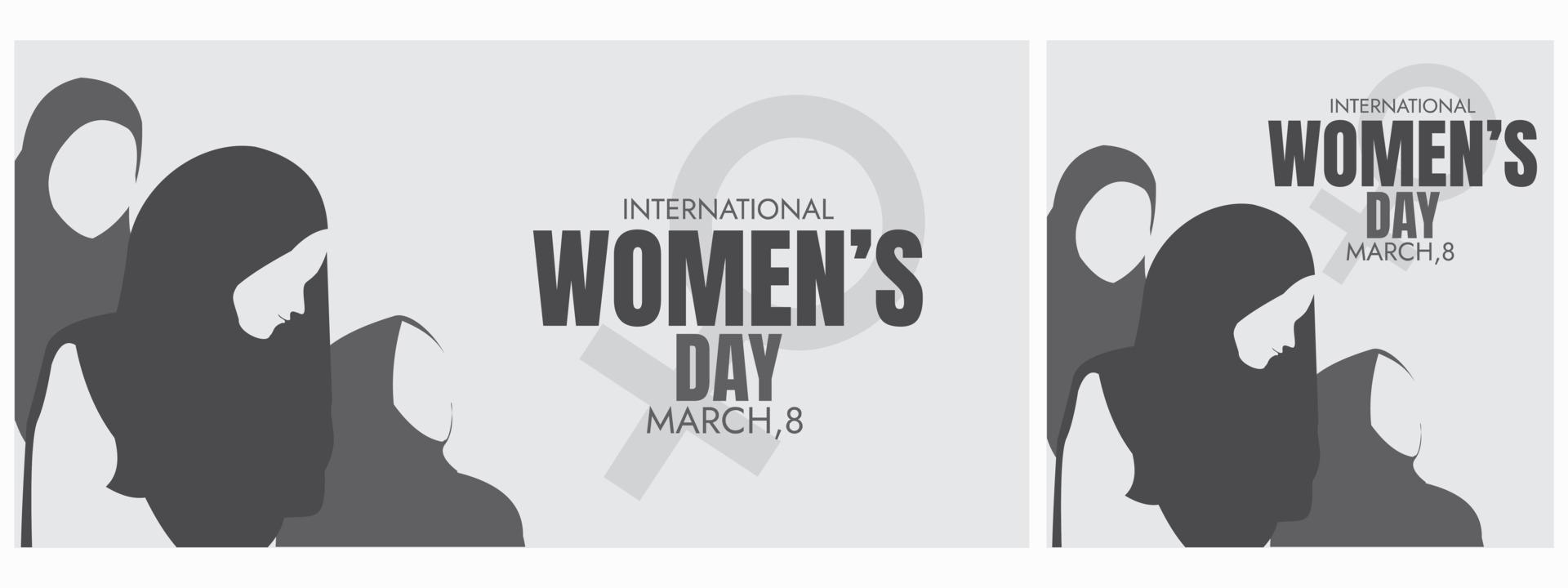 zwart wit vrouwen dag campagne poster achtergrond ontwerp met hijab vrouw silhouet vector illustratie