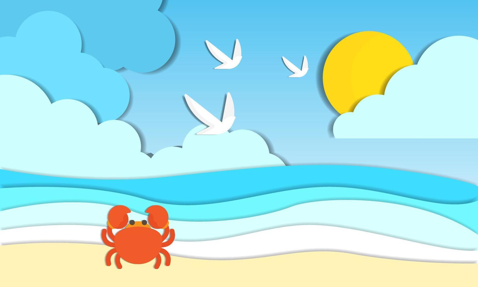 Hallo zomer met strand landschap achtergrond en krab. papier kunst stijl. vector illustratie.