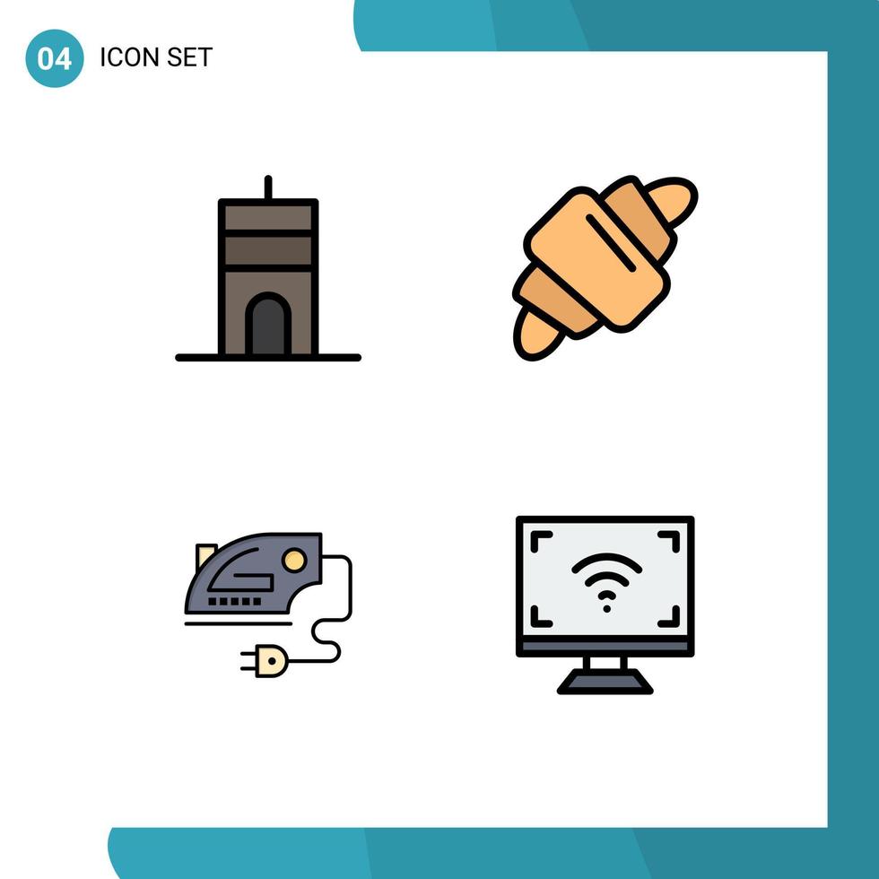 4 universeel gevulde lijn vlak kleur tekens symbolen van antenne huis toren voedsel machine bewerkbare vector ontwerp elementen