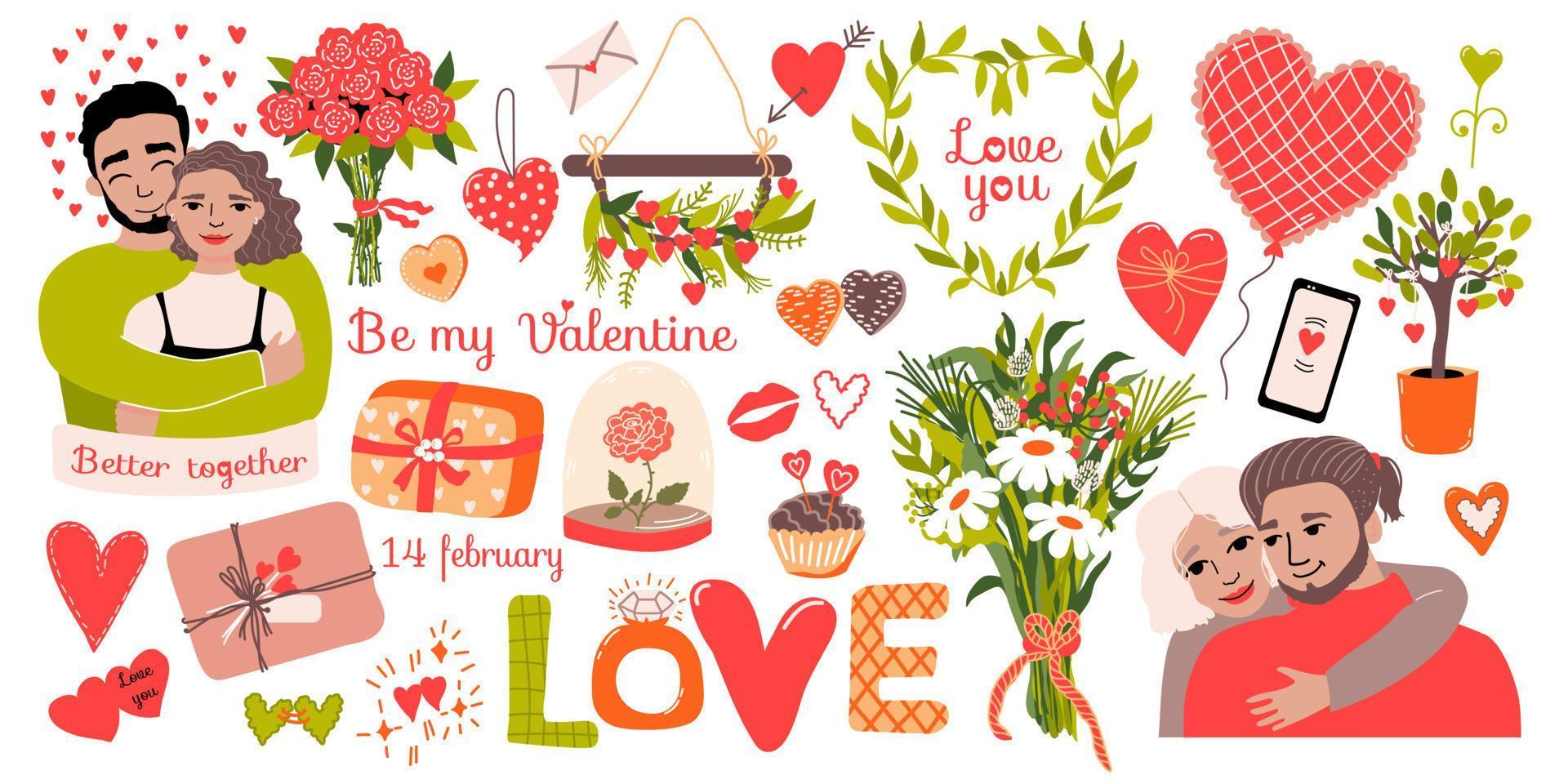 valentijnsdag dag set. mannen en Dames knuffelen. gelukkig liefde koppels. verschillend harten, guirlande, planten, bloemen boeket en tekst. perfect voor poster of banier, groet kaart vector