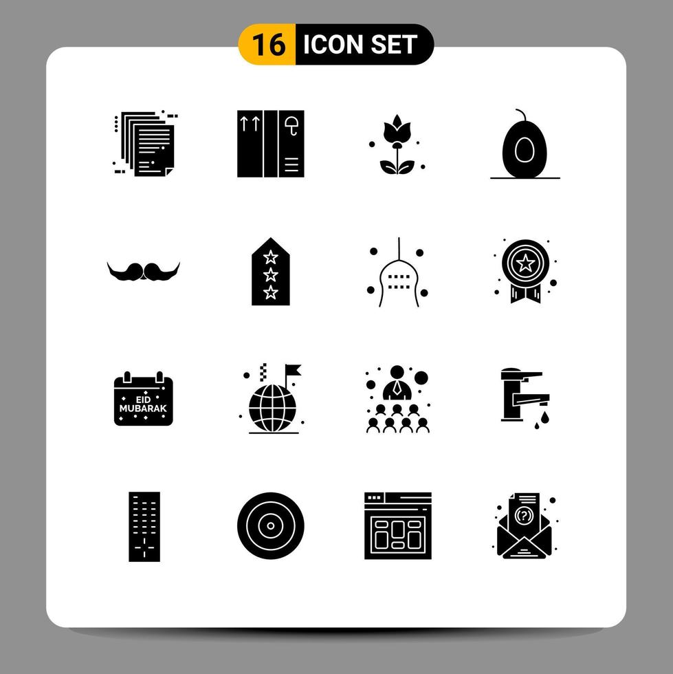 modern reeks van 16 solide glyphs pictogram van mannen movember bloemen hipster fruit bewerkbare vector ontwerp elementen