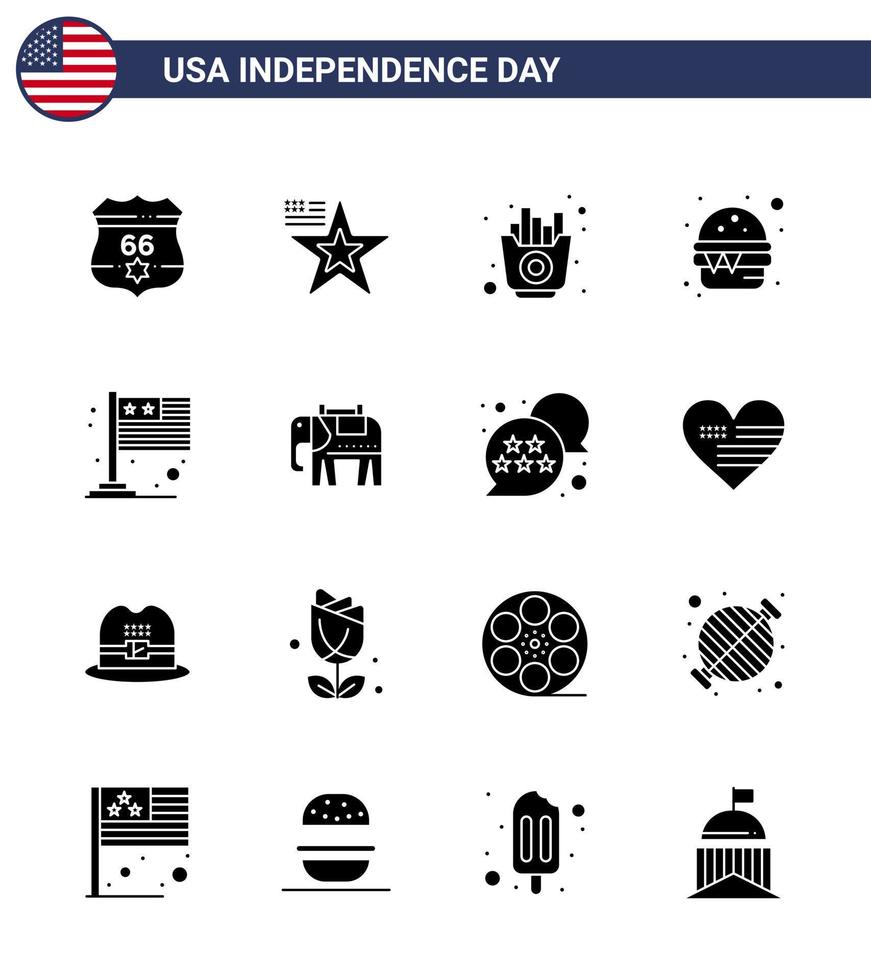16 Verenigde Staten van Amerika solide glyph tekens onafhankelijkheid dag viering symbolen van vlag maaltijd snel voedsel hamburger bewerkbare Verenigde Staten van Amerika dag vector ontwerp elementen