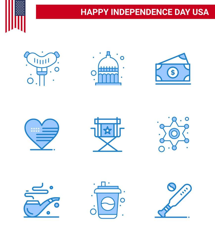 gelukkig onafhankelijkheid dag 4e juli reeks van 9 blues Amerikaans pictogram van films stoel geld vlag liefde bewerkbare Verenigde Staten van Amerika dag vector ontwerp elementen