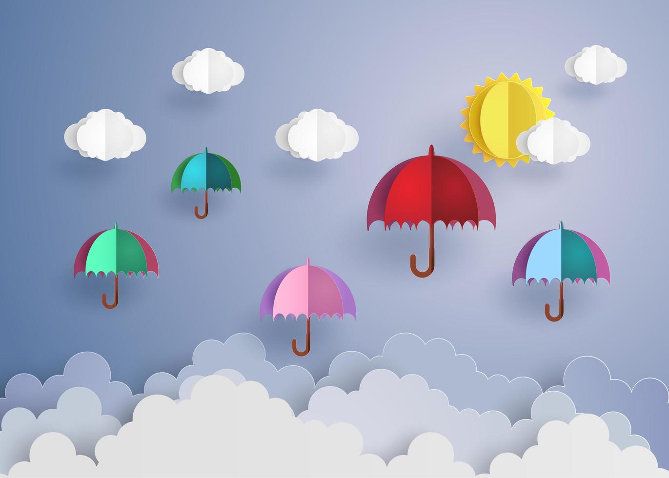 kleurrijke paraplu's die hoog in de lucht vliegen. vector