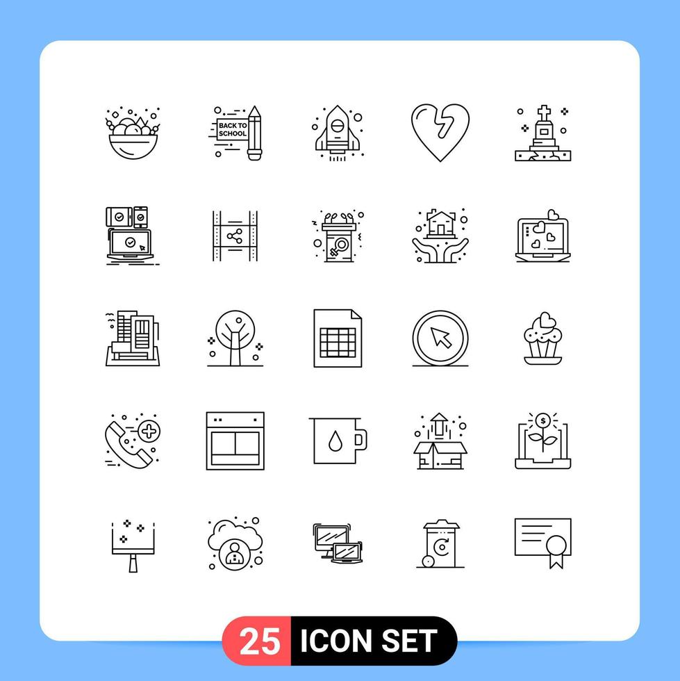 gebruiker koppel pak van 25 eenvoudig lijnen van mobiel computer hart aanval graf begrafenis bewerkbare vector ontwerp elementen