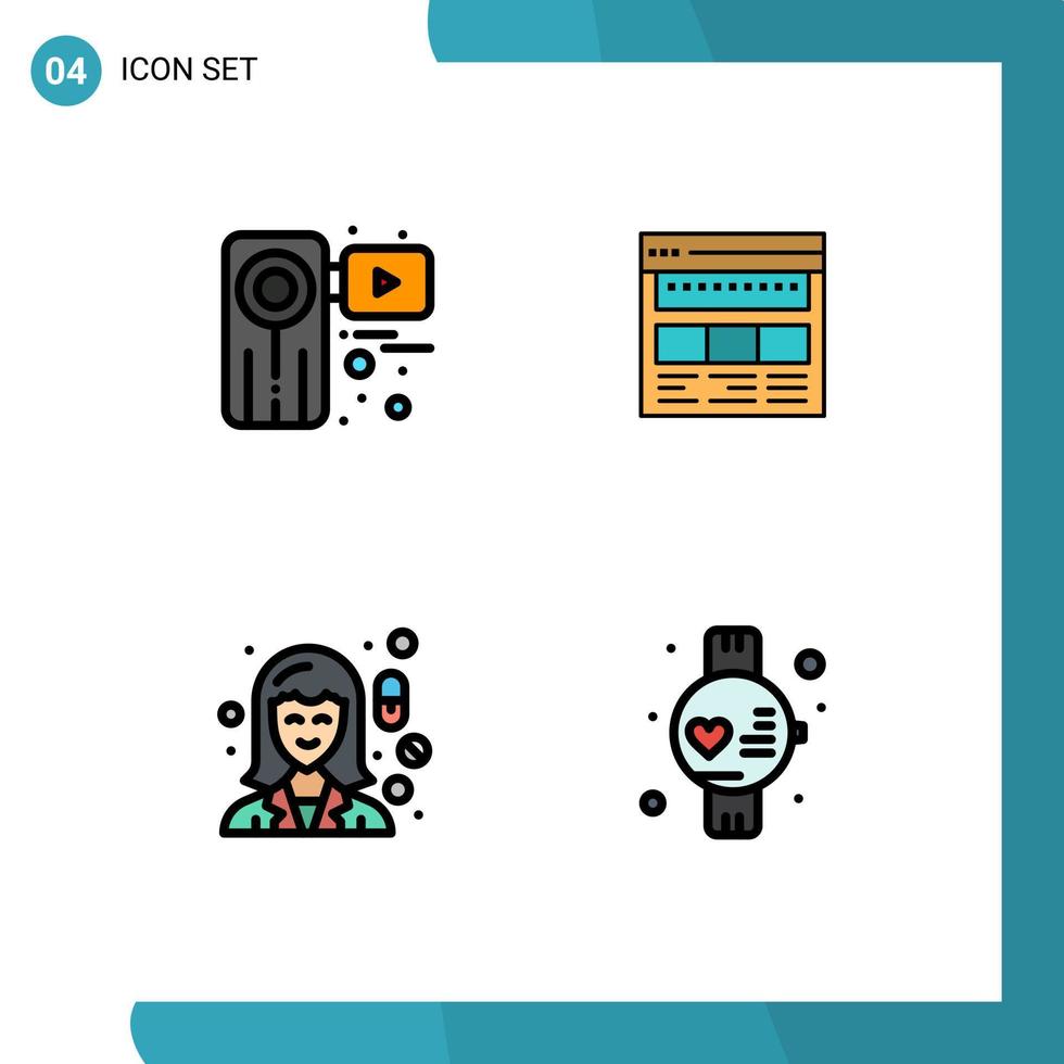 gevulde lijn vlak kleur pak van 4 universeel symbolen van camera bladzijde opnemer browser webpagina bewerkbare vector ontwerp elementen