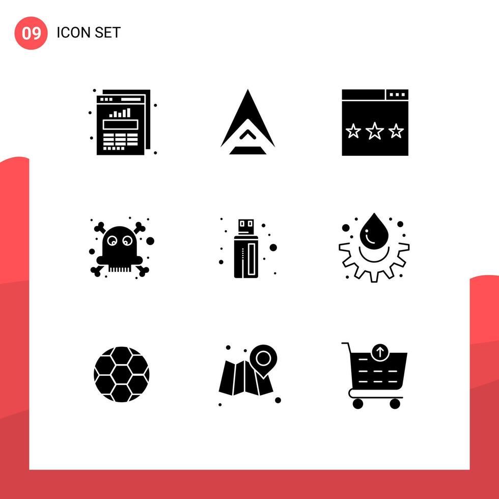 modern reeks van 9 solide glyphs pictogram van connector vergiftigen motor dood zoeken bewerkbare vector ontwerp elementen