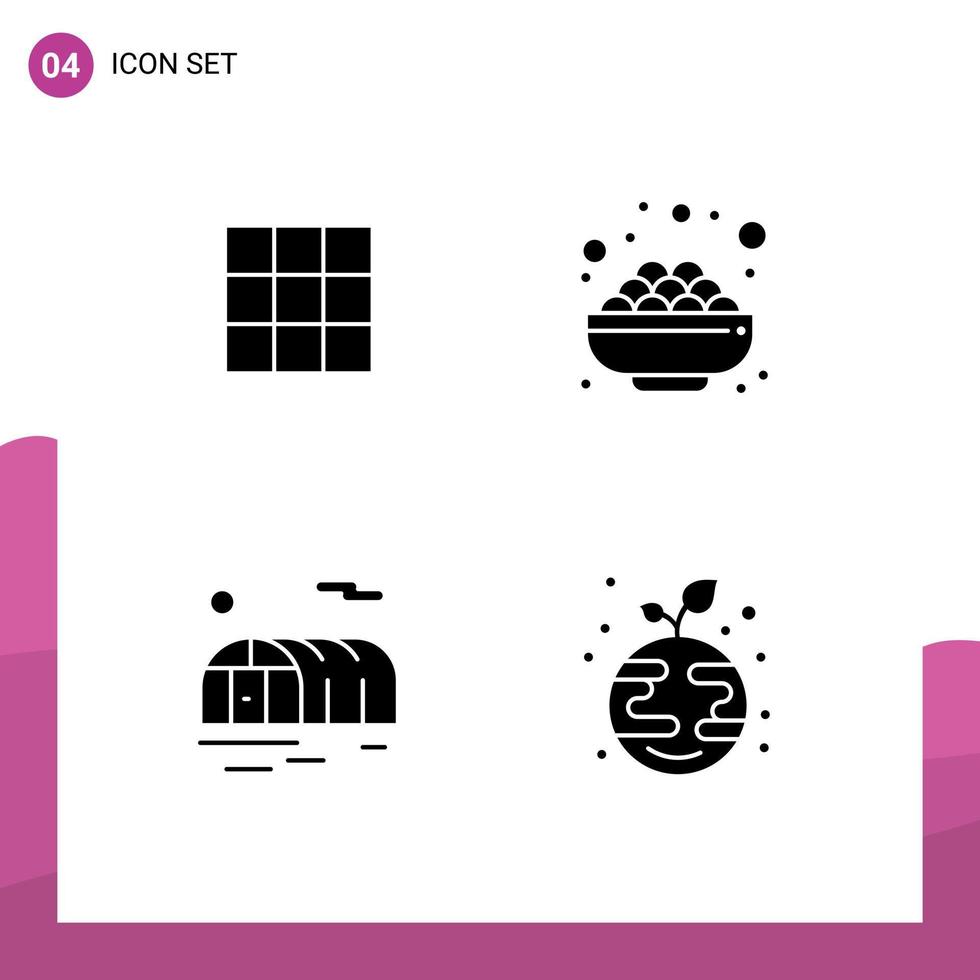 4 solide glyph concept voor websites mobiel en apps voeden tuinieren sets suiker eco bewerkbare vector ontwerp elementen