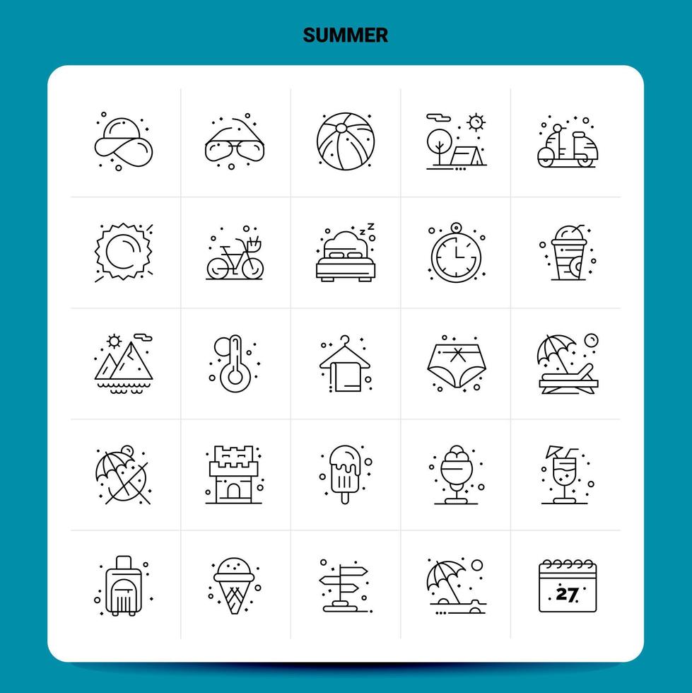 schets 25 zomer icoon reeks vector lijn stijl ontwerp zwart pictogrammen reeks lineair pictogram pak web en mobiel bedrijf ideeën ontwerp vector illustratie