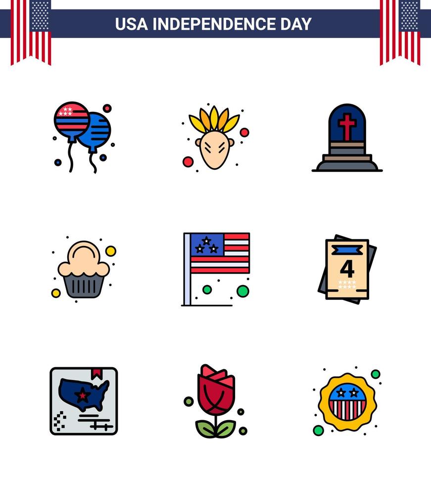 9 Verenigde Staten van Amerika vlak gevulde lijn pak van onafhankelijkheid dag tekens en symbolen van vlag dag graf viering partij bewerkbare Verenigde Staten van Amerika dag vector ontwerp elementen