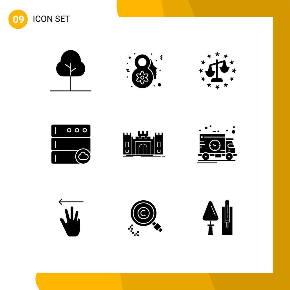 modern reeks van 9 solide glyphs pictogram van mijlpaal fort gerechtigheid verdediging server bewerkbare vector ontwerp elementen