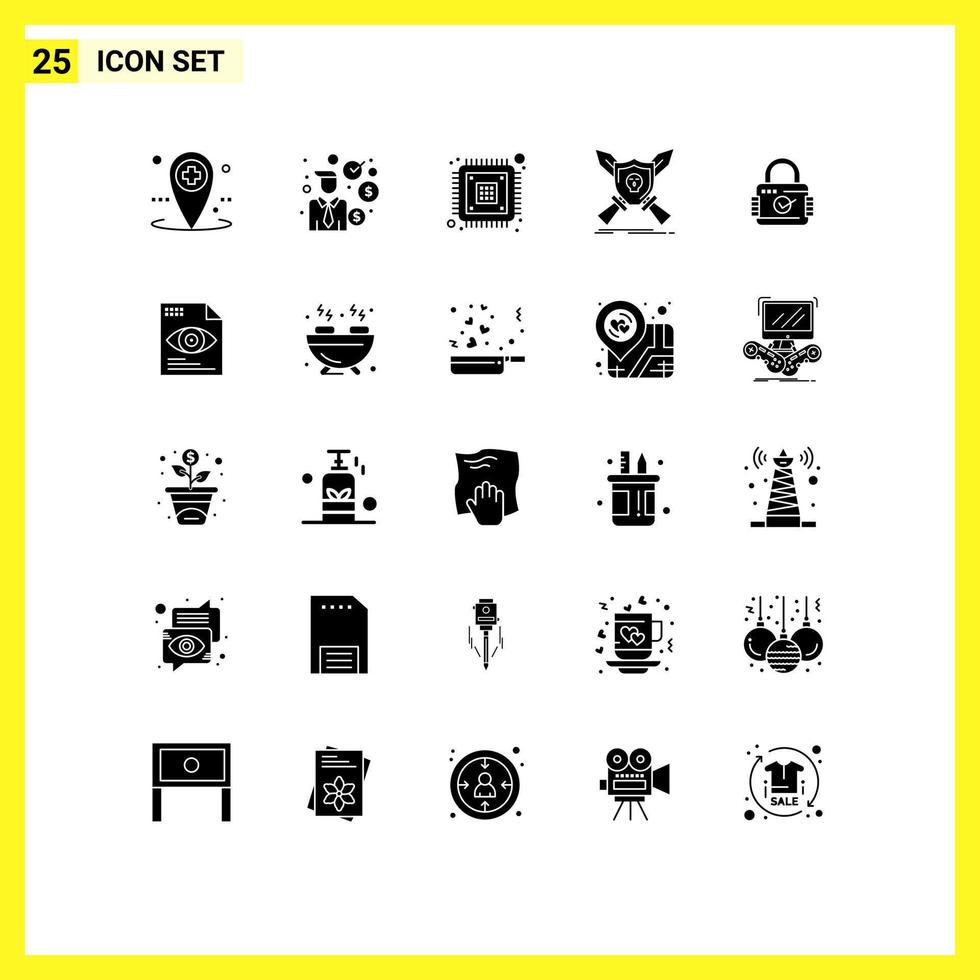 modern reeks van 25 solide glyphs pictogram van Zwaarden spel spaander embleem hardware bewerkbare vector ontwerp elementen