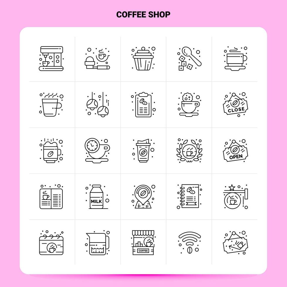 schets 25 koffie winkel icoon reeks vector lijn stijl ontwerp zwart pictogrammen reeks lineair pictogram pak web en mobiel bedrijf ideeën ontwerp vector illustratie