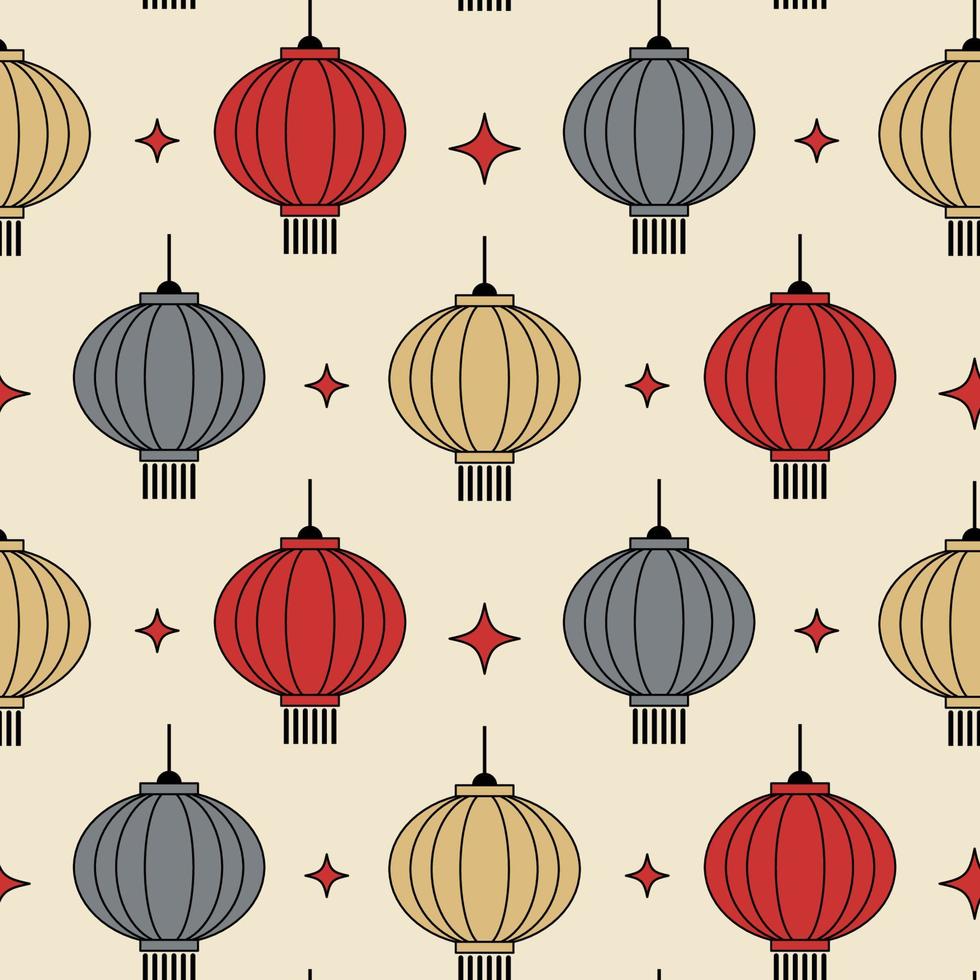 Chinese papier lantaarns. midden eeuw modern naadloos patroon in rood en grijs kleuren Aan een beige achtergrond. Jaren 60 en jaren 70 esthetisch stijl voor huis decor, textiel, behang en omhulsel papier vector
