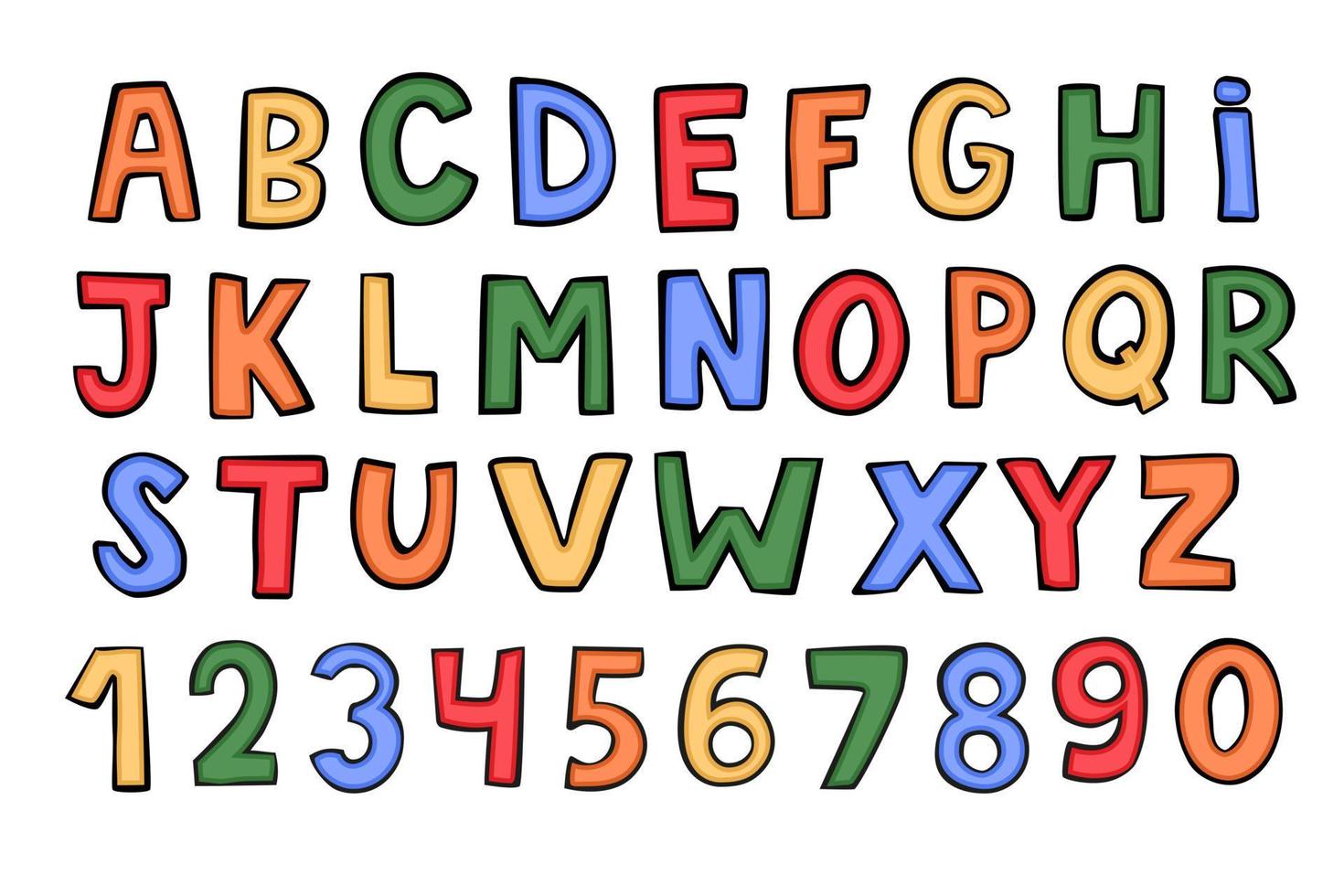 kinderachtig schattig alfabet. hand- getrokken baby brieven en nummers. vector