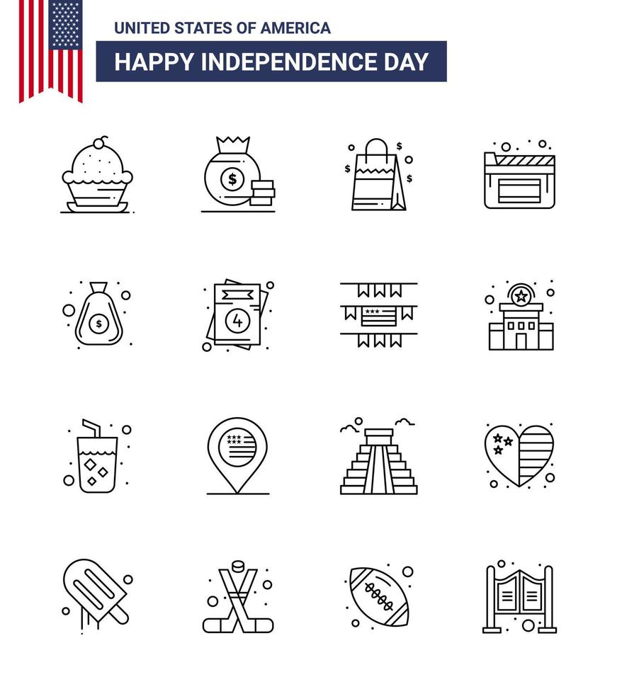 lijn pak van 16 Verenigde Staten van Amerika onafhankelijkheid dag symbolen van geld film Amerikaans films Amerikaans bewerkbare Verenigde Staten van Amerika dag vector ontwerp elementen