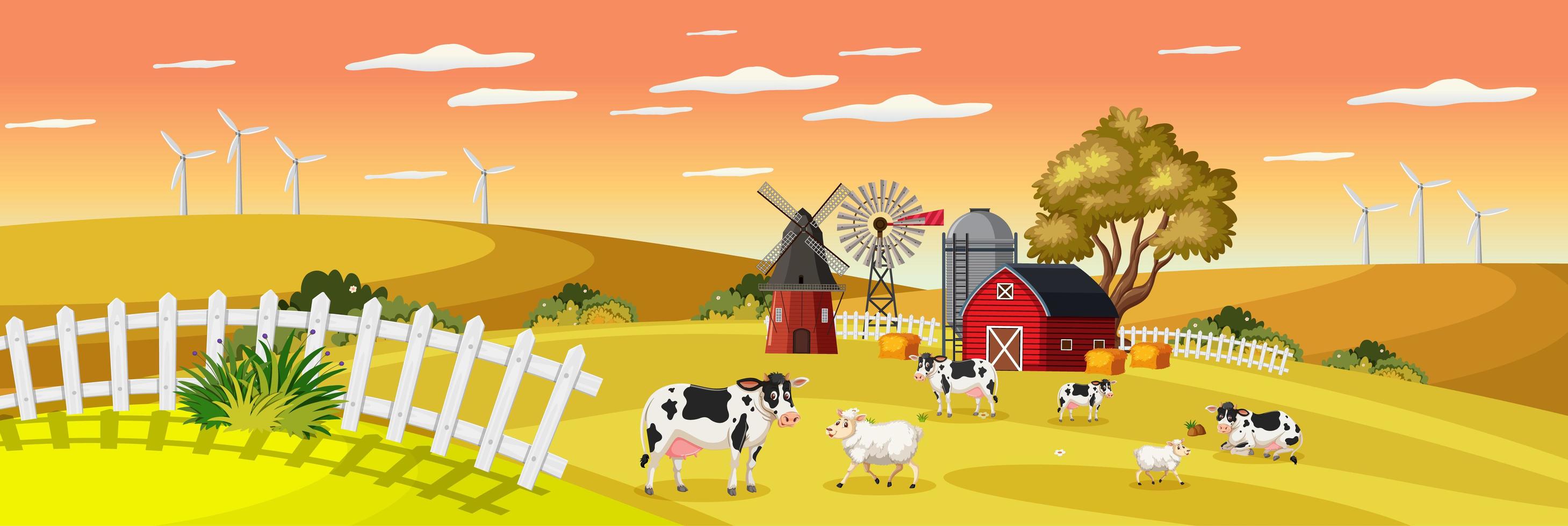 boerderijlandschap met dierenboerderij in veld en rode schuur in de herfstseizoen vector