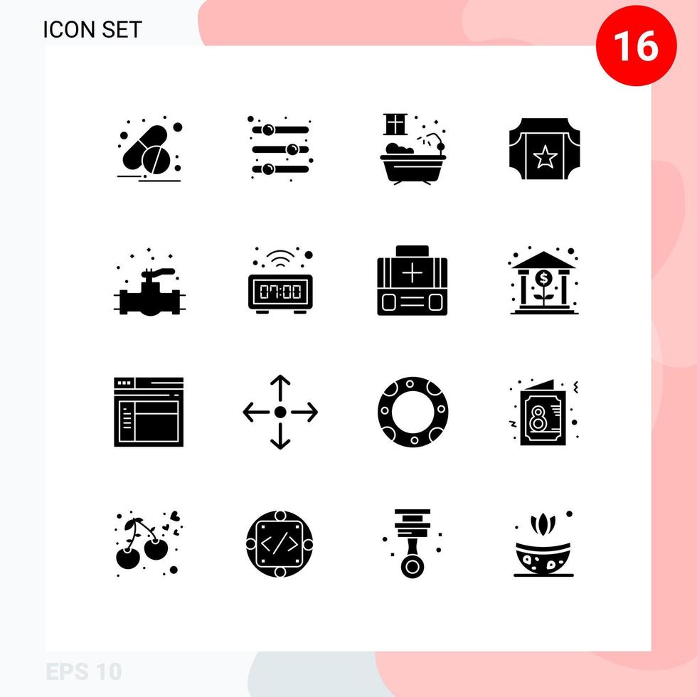 16 solide glyph concept voor websites mobiel en apps systeem loodgieter badkamer mechanisch film bewerkbare vector ontwerp elementen