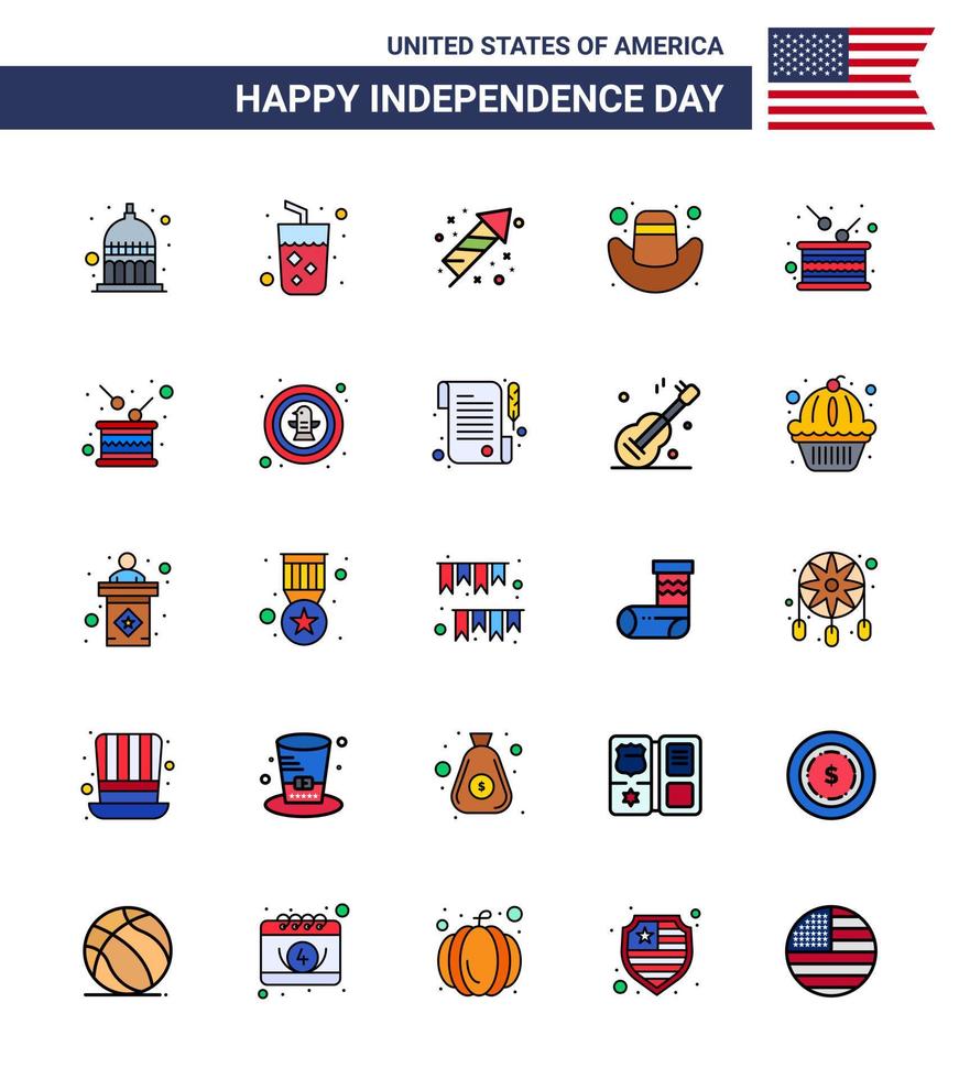 gelukkig onafhankelijkheid dag 4e juli reeks van 25 vlak gevulde lijnen Amerikaans pictogram van vakantie dag viering hoed Amerikaans bewerkbare Verenigde Staten van Amerika dag vector ontwerp elementen