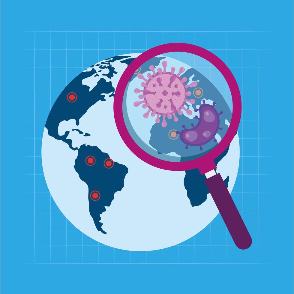 planeet aarde met vergrootglas tijdens coronaviruspandemie vector