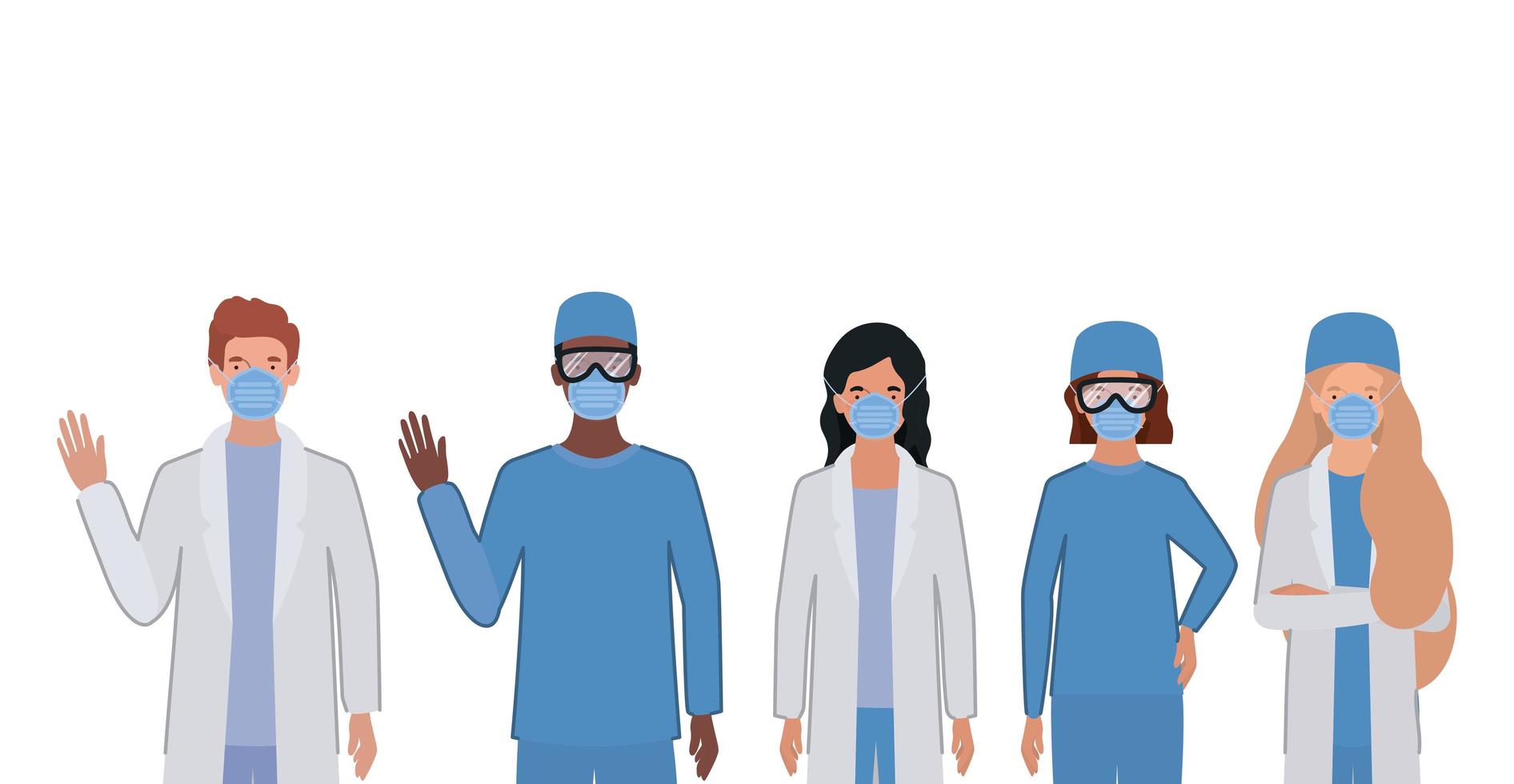 mannelijke en vrouwelijke artsen met uniformen en maskers vector