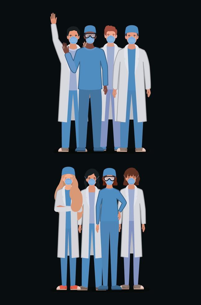 mannelijke en vrouwelijke artsen met uniformen, maskers en glazen vector