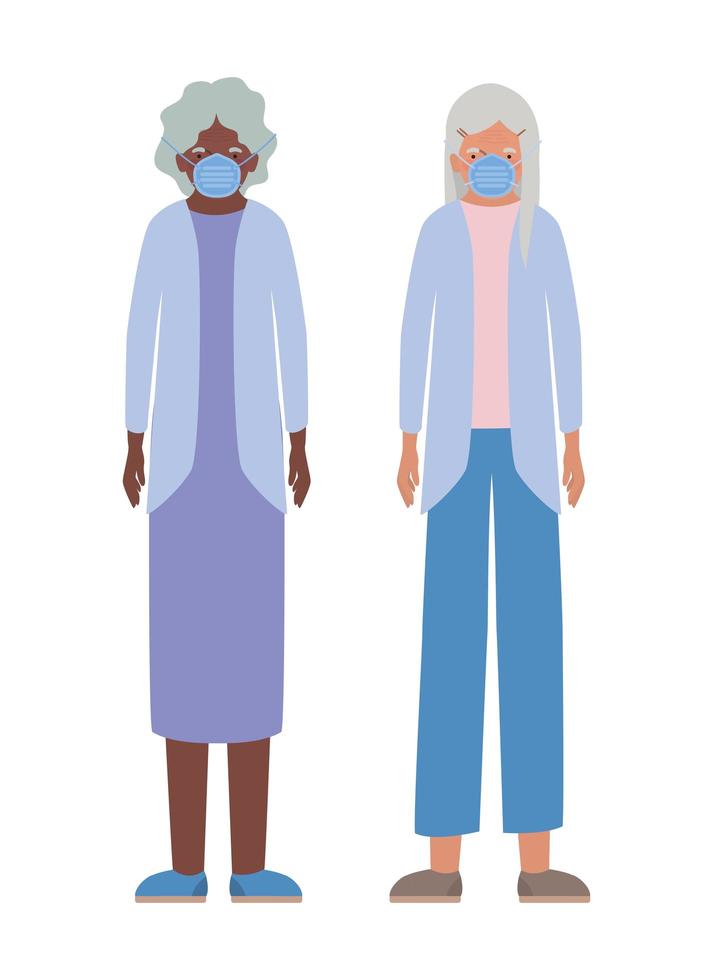 oudere vrouwen met maskers tegen covid 19 vector