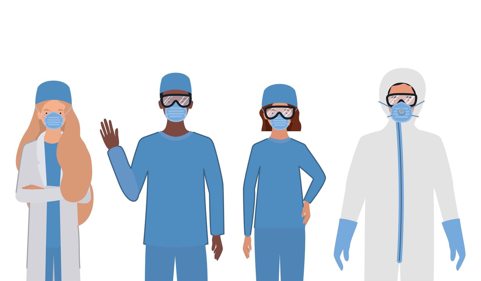 artsen met beschermende pakken, bril en maskers tegen covid 19 vector