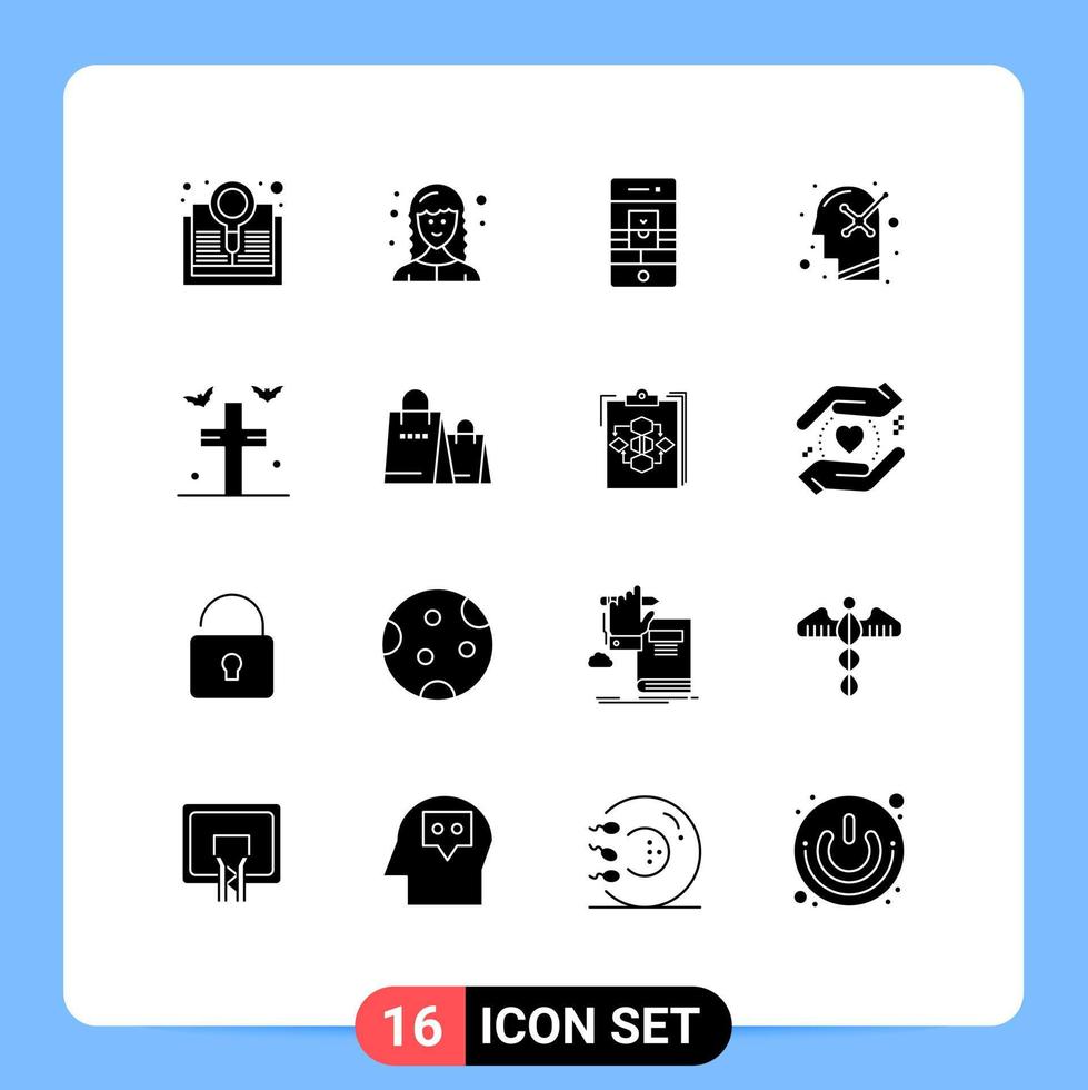 pak van 16 creatief solide glyphs van vleermuizen psychologie telefoontje positief webcam bewerkbare vector ontwerp elementen
