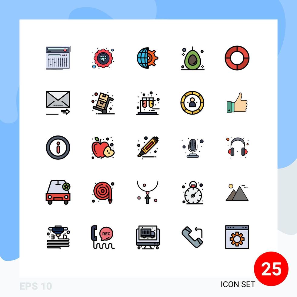 25 gevulde lijn vlak kleur concept voor websites mobiel en apps taart tabel uitrusting fruit avocado bewerkbare vector ontwerp elementen