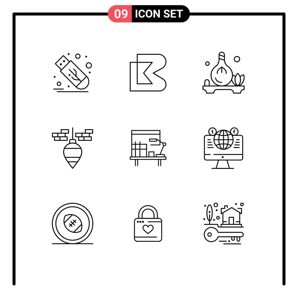 modern reeks van 9 contouren pictogram van bureau gereedschap kruid schietlood bob schietlood bewerkbare vector ontwerp elementen