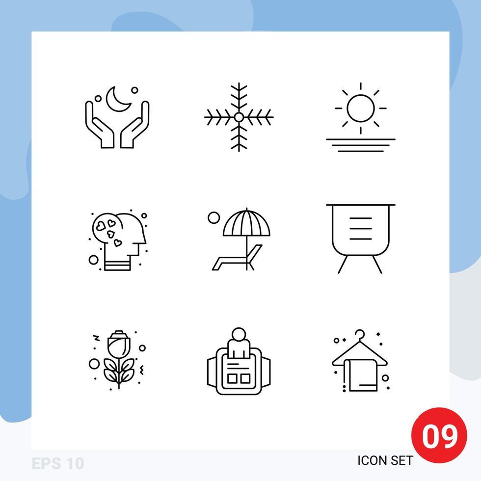 modern reeks van 9 contouren pictogram van paraplu liefde winter intelligentie- hersenen bewerkbare vector ontwerp elementen