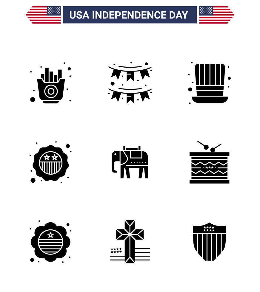 9 Verenigde Staten van Amerika solide glyph tekens onafhankelijkheid dag viering symbolen van olifant insigne slinger veiligheid Verenigde Staten van Amerika bewerkbare Verenigde Staten van Amerika dag vector ontwerp elementen