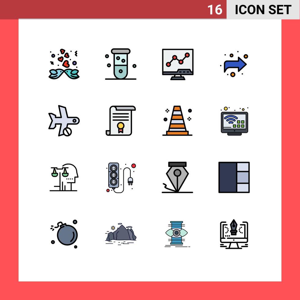 16 universeel vlak kleur gevulde lijnen reeks voor web en mobiel toepassingen vlucht Rechtsaf laboratorium vooruit scherm bewerkbare creatief vector ontwerp elementen