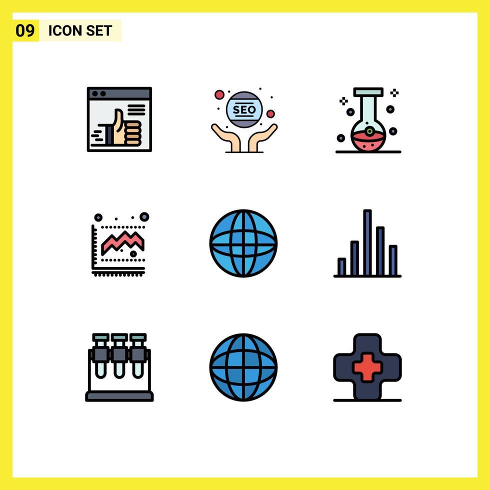 modern reeks van 9 gevulde lijn vlak kleuren pictogram van groei diagram seo fles chemisch bewerkbare vector ontwerp elementen