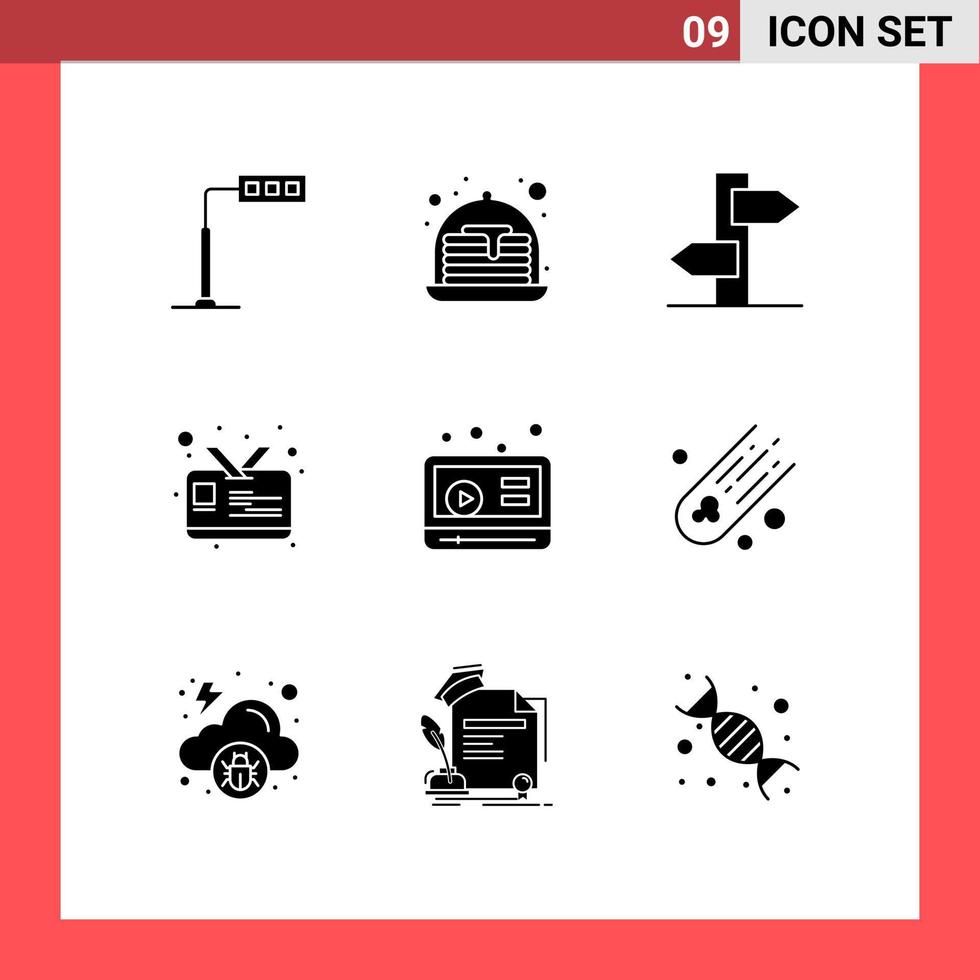 pictogram reeks van 9 gemakkelijk solide glyphs van asteroïde video vakantie afzet ID kaart bewerkbare vector ontwerp elementen