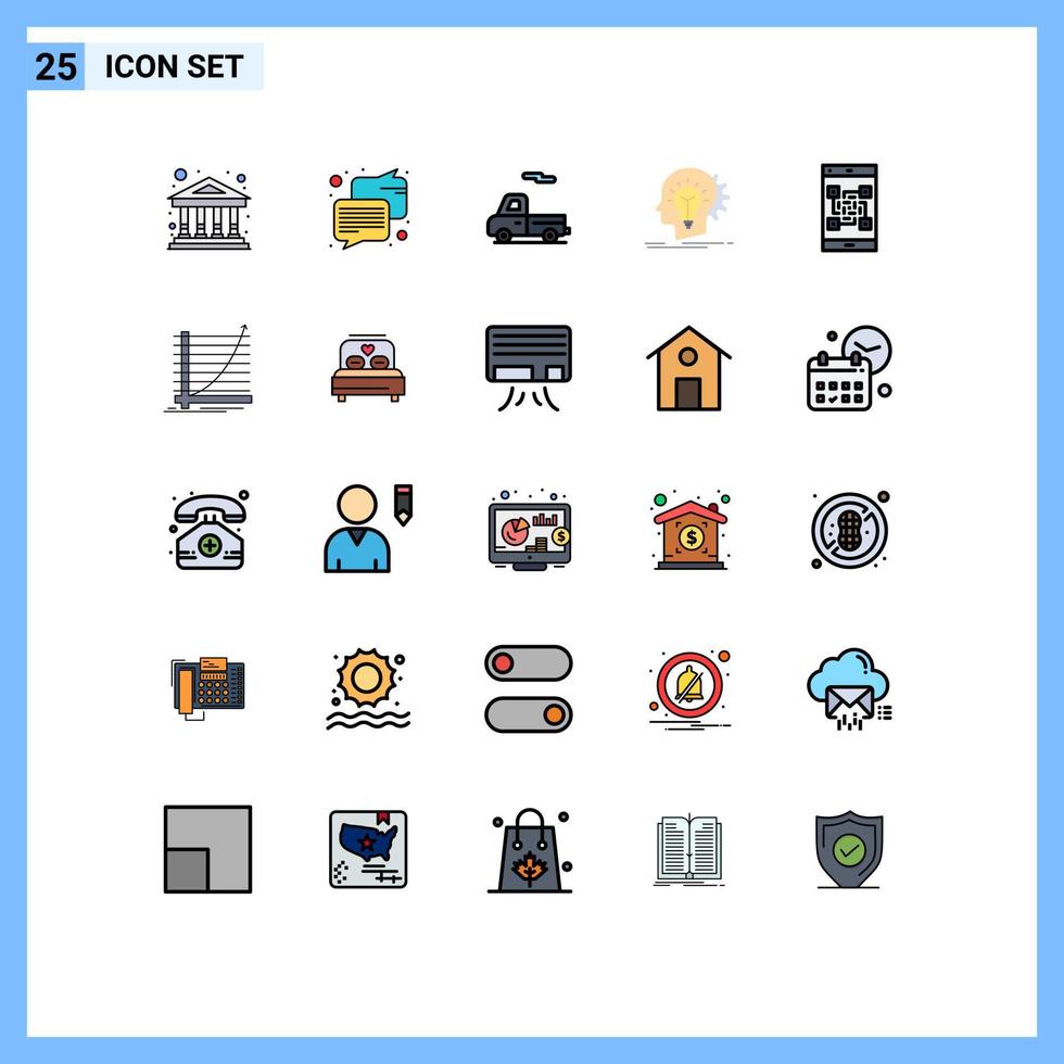 mobiel koppel gevulde lijn vlak kleur reeks van 25 pictogrammen van qr code vervoer denken hoofd bewerkbare vector ontwerp elementen