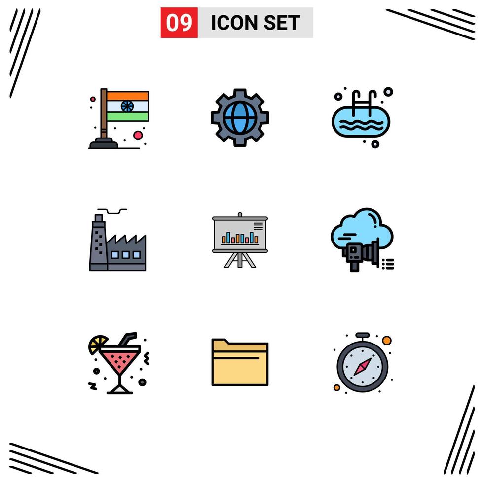 modern reeks van 9 gevulde lijn vlak kleuren en symbolen zo net zo diagram presentatie zwembad industrie fabriek bewerkbare vector ontwerp elementen