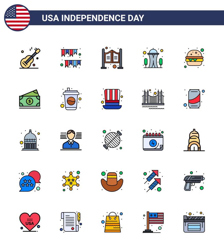 gelukkig onafhankelijkheid dag 4e juli reeks van 25 vlak gevulde lijnen Amerikaans pictogram van hamburger naald- partij mijlpaal western bewerkbare Verenigde Staten van Amerika dag vector ontwerp elementen