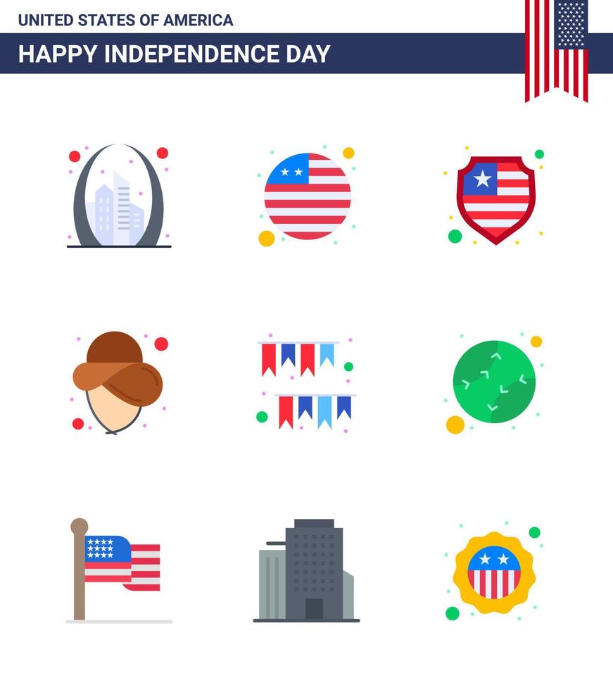 9 Verenigde Staten van Amerika vlak pak van onafhankelijkheid dag tekens en symbolen van decoratie slinger Amerikaans Amerikaans dag cowboy bewerkbare Verenigde Staten van Amerika dag vector ontwerp elementen