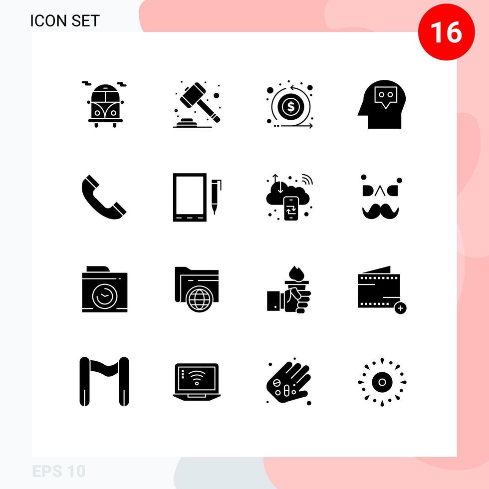 modern reeks van 16 solide glyphs pictogram van mobiel telefoon stromen telefoontje idee bewerkbare vector ontwerp elementen