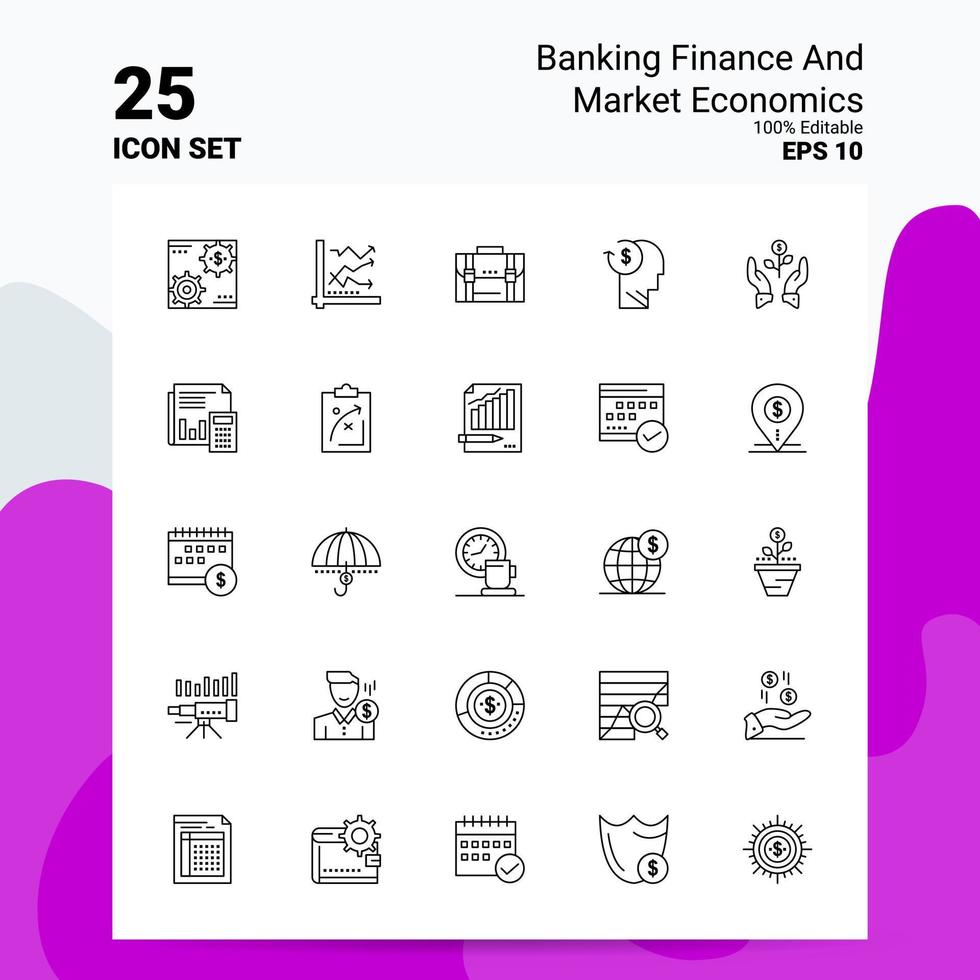 25 bank financiën en markt economie icoon reeks 100 bewerkbare eps 10 bestanden bedrijf logo concept ideeën lijn icoon ontwerp vector