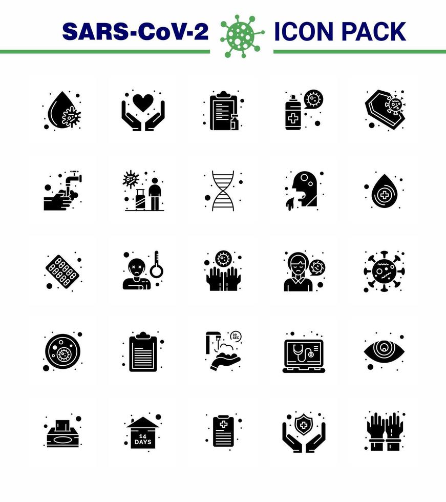 coronavirus het voorkomen reeks pictogrammen 25 solide glyph icoon zo net zo lijkkist virus drug verstuiven papier virale coronavirus 2019november ziekte vector ontwerp elementen