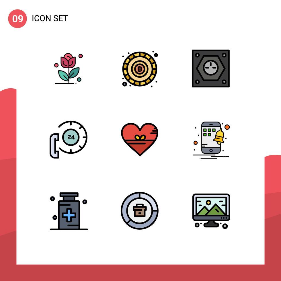 9 gevulde lijn vlak kleur concept voor websites mobiel en apps liefde helpen plug contact centrum bewerkbare vector ontwerp elementen