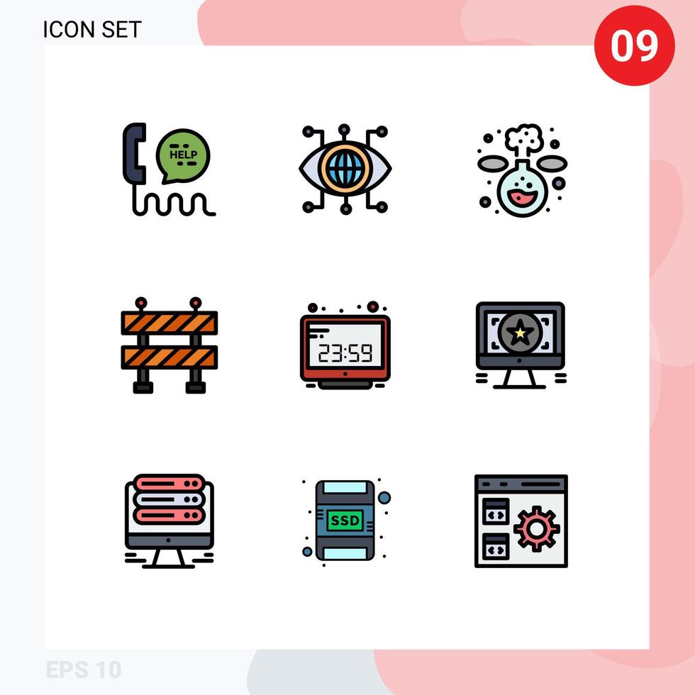 9 thematisch vector gevulde lijn vlak kleuren en bewerkbare symbolen van computer tijd computer visie klok blok bewerkbare vector ontwerp elementen