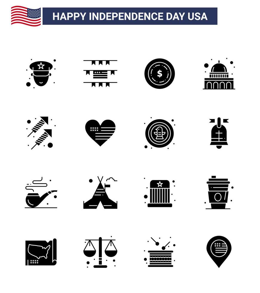 solide glyph pak van 16 Verenigde Staten van Amerika onafhankelijkheid dag symbolen van hart vuurwerk maan brand Wisconsin bewerkbare Verenigde Staten van Amerika dag vector ontwerp elementen
