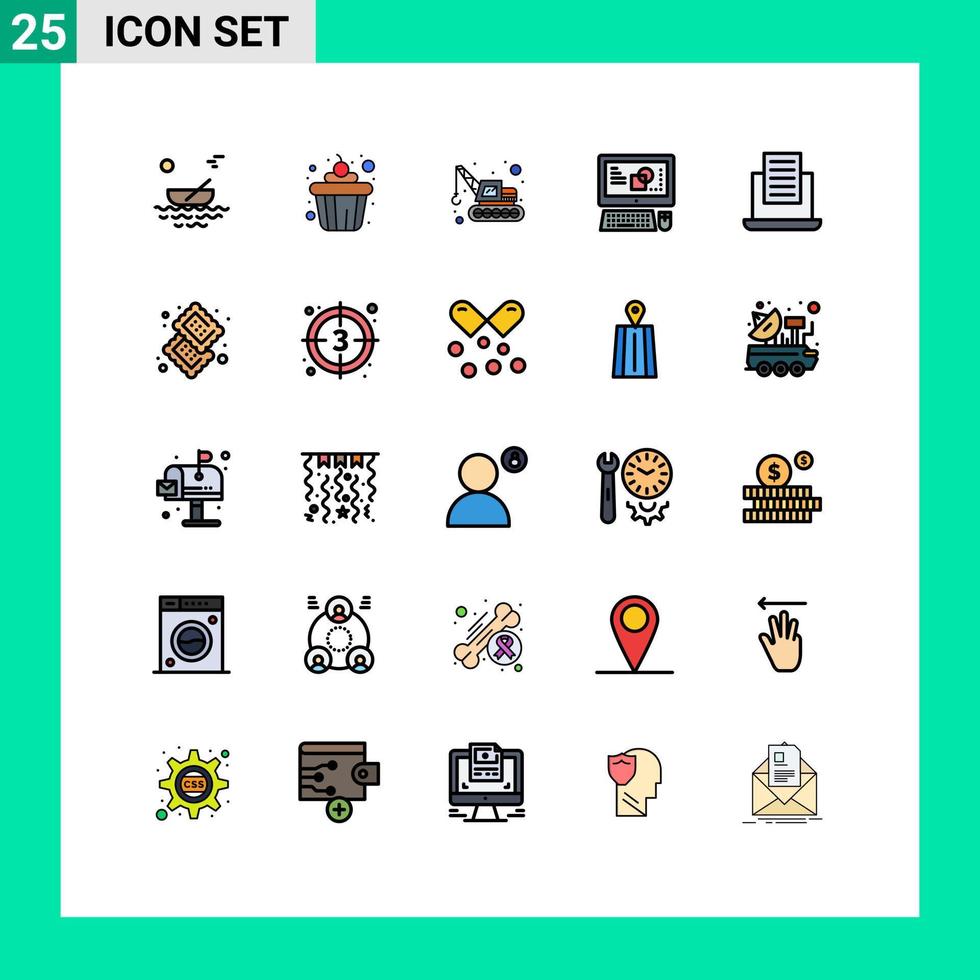 groep van 25 gevulde lijn vlak kleuren tekens en symbolen voor tekst laptop graafmachine werkwijze sleutel bord bewerkbare vector ontwerp elementen