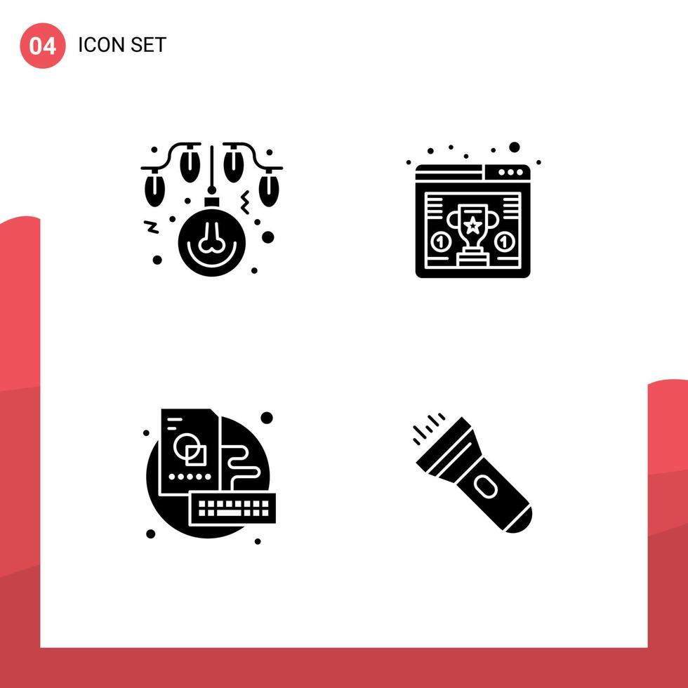 4 solide glyph concept voor websites mobiel en apps lamp sleutel lichten trofee creatief bewerkbare vector ontwerp elementen