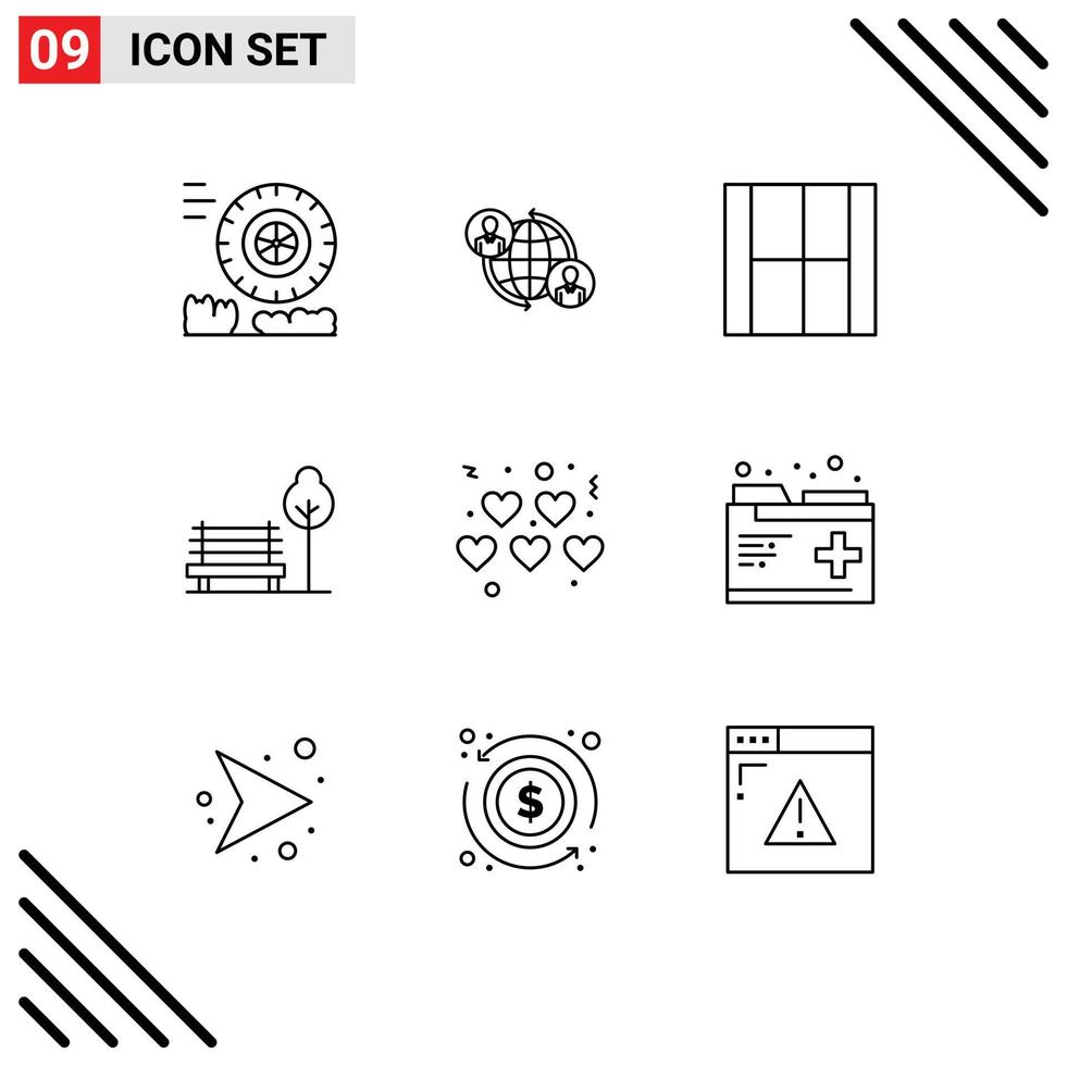 pictogram reeks van 9 gemakkelijk contouren van harten park creëren stoel lay-out bewerkbare vector ontwerp elementen