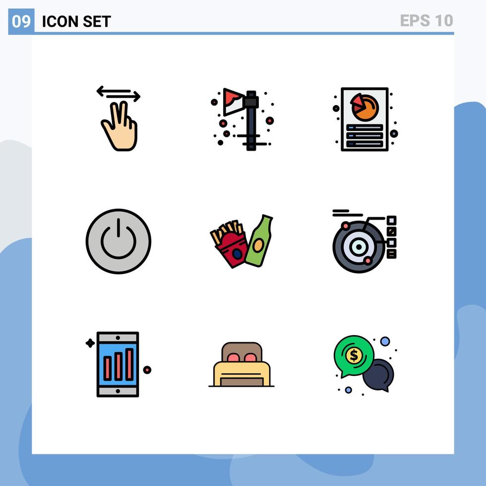 groep van 9 gevulde lijn vlak kleuren tekens en symbolen voor fles ui analyse macht koppel bewerkbare vector ontwerp elementen